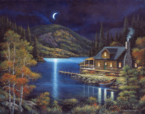 Moonlit Cabin Black Modern Wood Framed Art Print by Zaccheo, John