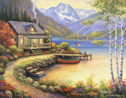 Fishing At The Lake Black Ornate Wood Framed Art Print with Double Matting by Zaccheo, John