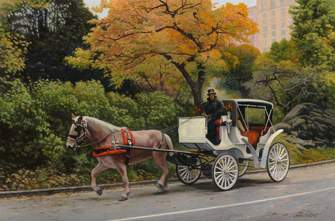 Carriage At Central Park Black Ornate Wood Framed Art Print with Double Matting by Zaccheo, John