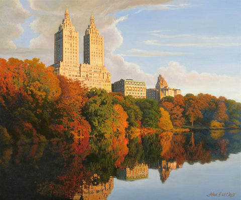 Autumn In Central Park Black Ornate Wood Framed Art Print with Double Matting by Zaccheo, John