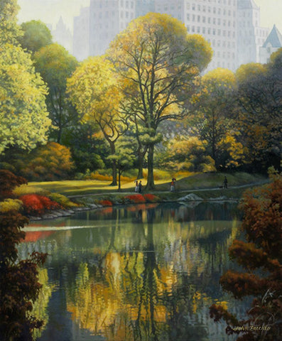 Reflection Of The Park Black Ornate Wood Framed Art Print with Double Matting by Zaccheo, John