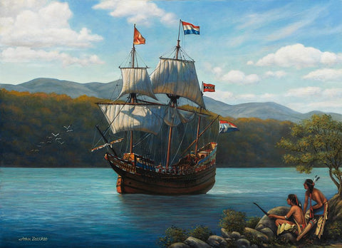 Half Moon On The Hudson Black Ornate Wood Framed Art Print with Double Matting by Zaccheo, John