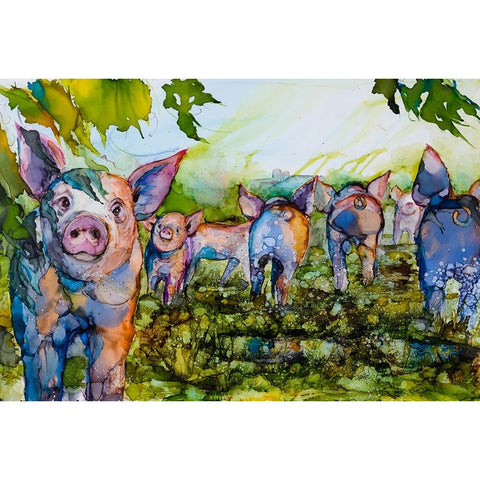 Pig Tales Black Modern Wood Framed Art Print with Double Matting by Art by Leslie Franklin