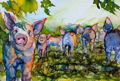 Pig Tales White Modern Wood Framed Art Print with Double Matting by Art by Leslie Franklin