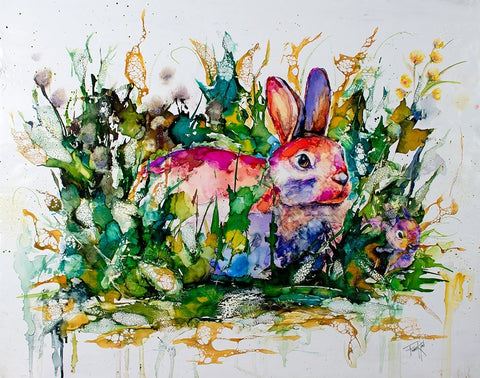 Some Bunnys Hiding Black Ornate Wood Framed Art Print with Double Matting by Art by Leslie Franklin
