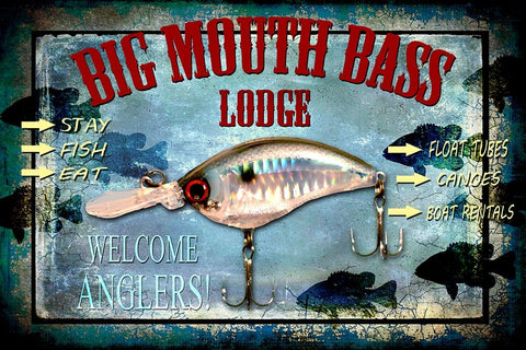 Fishing - Big Mouth Lodge White Modern Wood Framed Art Print with Double Matting by LightBoxJournal