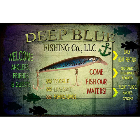 Fishing - Deep Blue LLC sign White Modern Wood Framed Art Print by LightBoxJournal