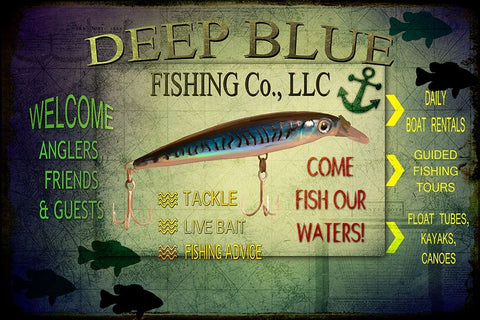 Fishing - Deep Blue LLC sign Black Ornate Wood Framed Art Print with Double Matting by LightBoxJournal