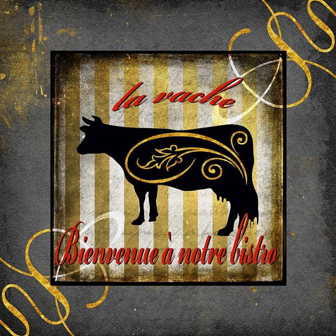 Gold Welcome To Our Bistro Cow 1 Gold Ornate Wood Framed Art Print with Double Matting by LightBoxJournal