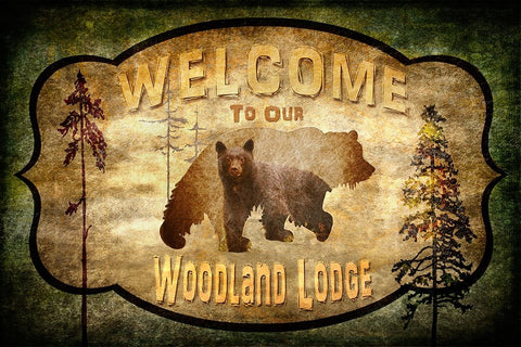 Welcome - Lodge Black Bear 2 White Modern Wood Framed Art Print with Double Matting by LightBoxJournal