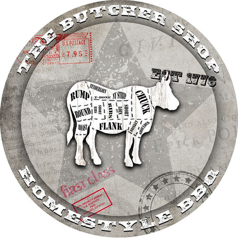 American Butcher Shop Round Cow Black Ornate Wood Framed Art Print with Double Matting by LightBoxJournal