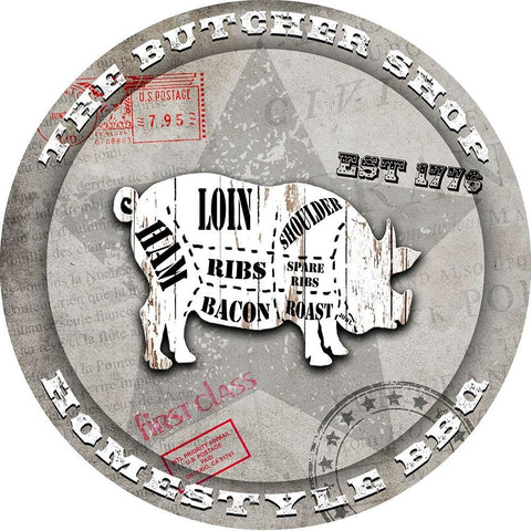 American Butcher Shop Round Pig Gold Ornate Wood Framed Art Print with Double Matting by LightBoxJournal