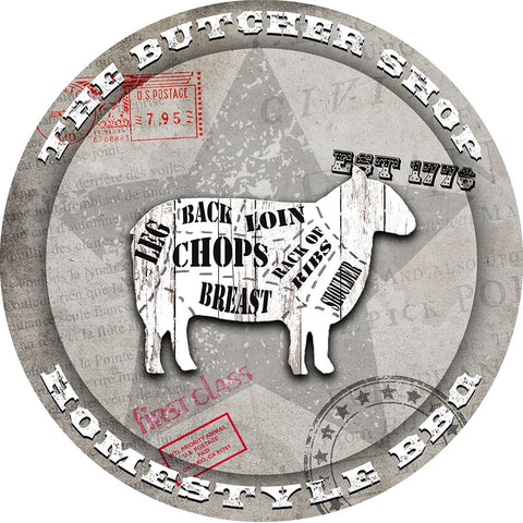 American Butcher Shop Round Sheep White Modern Wood Framed Art Print with Double Matting by LightBoxJournal