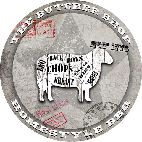 American Butcher Shop Round Sheep Black Modern Wood Framed Art Print with Double Matting by LightBoxJournal