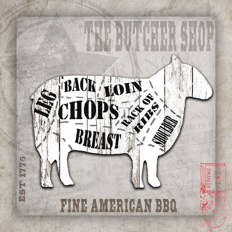 American Butcher Shop sheep White Modern Wood Framed Art Print by LightBoxJournal