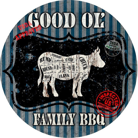 Good Ol Family BBQ Round Cow Gold Ornate Wood Framed Art Print with Double Matting by LightBoxJournal