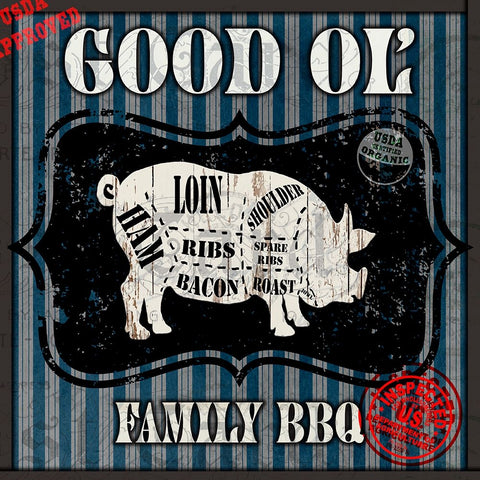 Good Ol Family BBQ Square Pig Black Ornate Wood Framed Art Print with Double Matting by LightBoxJournal