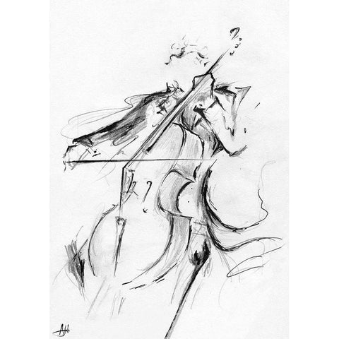 The Cellist Sketch White Modern Wood Framed Art Print by Allante, Marc