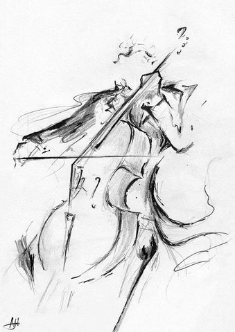 The Cellist Sketch White Modern Wood Framed Art Print with Double Matting by Allante, Marc