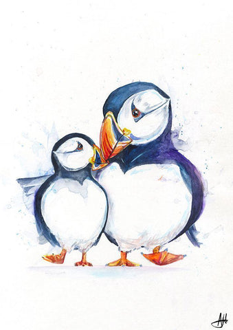 Parading Puffins (Signed) Black Ornate Wood Framed Art Print with Double Matting by Allante, Marc