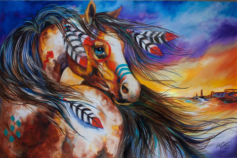 5 Feathers Indian War Horse White Modern Wood Framed Art Print with Double Matting by Baldwin, Marcia