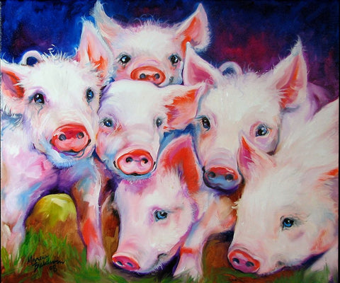 Half Dozen Piglets White Modern Wood Framed Art Print with Double Matting by Baldwin, Marcia