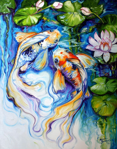 Koi Koi And Lily White Modern Wood Framed Art Print with Double Matting by Baldwin, Marcia