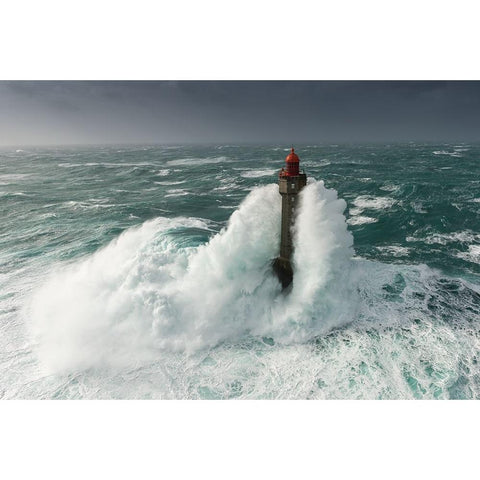 Le Phare De La Jument Dans La Tempete Ruzica White Modern Wood Framed Art Print by Rivrin, Mathieu