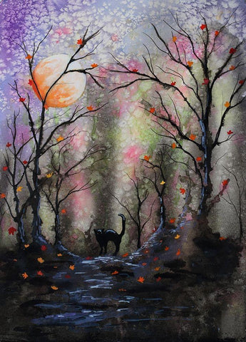Black Cat In Forest Black Ornate Wood Framed Art Print with Double Matting by Wickstrom, Martin