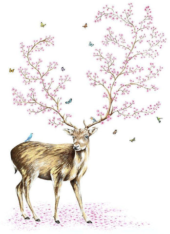 Cherry Blossom Deer White Modern Wood Framed Art Print with Double Matting by Wickstrom, Martin