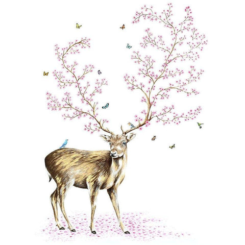 Cherry Blossom Deer Black Modern Wood Framed Art Print with Double Matting by Wickstrom, Martin