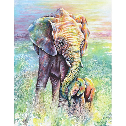 Mother And Baby Elephant Rainbow Colors Gold Ornate Wood Framed Art Print with Double Matting by Wickstrom, Martin