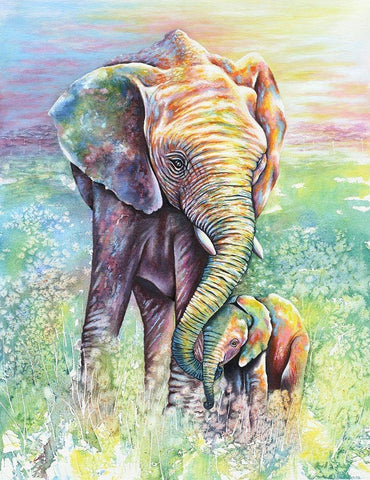 Mother And Baby Elephant Rainbow Colors White Modern Wood Framed Art Print with Double Matting by Wickstrom, Martin