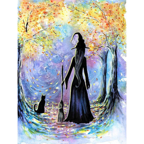 Witch and Black Cat Black Modern Wood Framed Art Print with Double Matting by Wickstrom, Martin