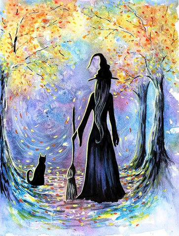 Witch and Black Cat Black Ornate Wood Framed Art Print with Double Matting by Wickstrom, Martin