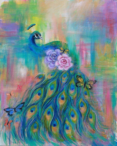 Rainbow Peacock White Modern Wood Framed Art Print with Double Matting by Wickstrom, Martin