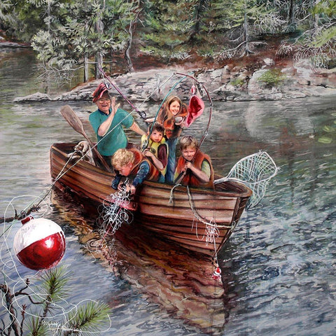 Grampa And The Kids Gold Ornate Wood Framed Art Print with Double Matting by Murray Henderson Fine Art