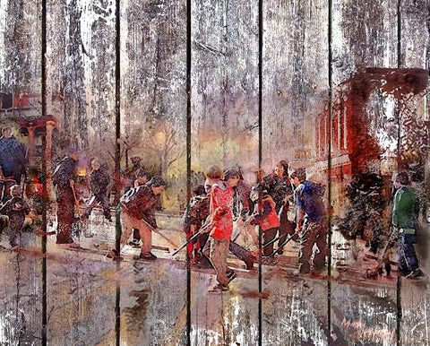 Street Hockey On Boards White Modern Wood Framed Art Print with Double Matting by Murray Henderson Fine Art