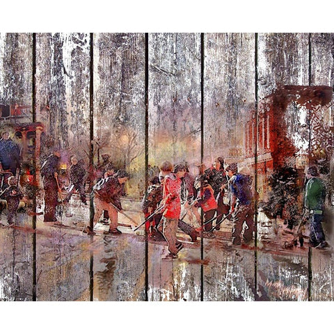 Street Hockey On Boards White Modern Wood Framed Art Print by Murray Henderson Fine Art