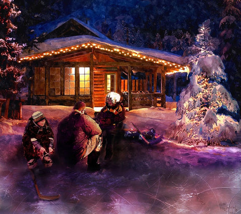 Pond Hockey Black Ornate Wood Framed Art Print with Double Matting by Murray Henderson Fine Art