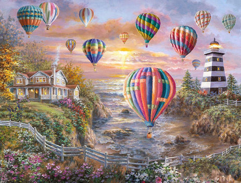 Balloons Over Cottage Cove Black Ornate Wood Framed Art Print with Double Matting by Boehme, Nicky