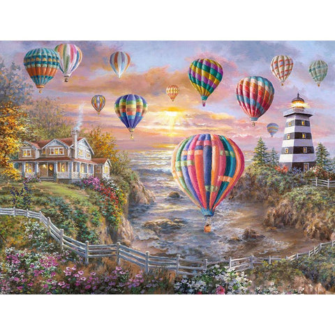 Balloons Over Cottage Cove Gold Ornate Wood Framed Art Print with Double Matting by Boehme, Nicky