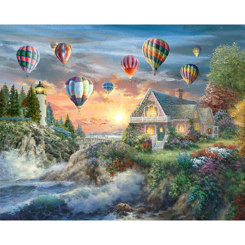 Balloons over Sunset Cove White Modern Wood Framed Art Print by Boehme, Nicky