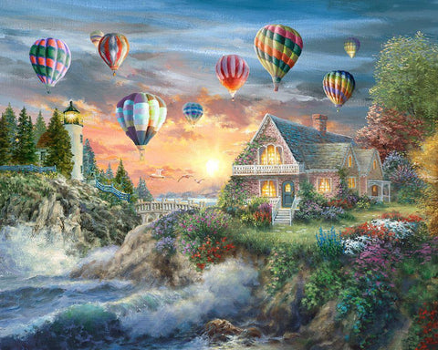 Balloons over Sunset Cove Black Ornate Wood Framed Art Print with Double Matting by Boehme, Nicky