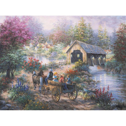 Merriment At Covered Bridge Black Modern Wood Framed Art Print with Double Matting by Boehme, Nicky