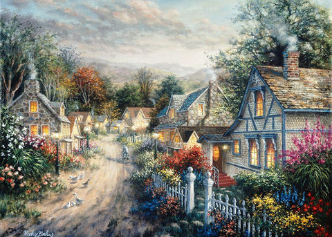 Down Cottage Lane Black Ornate Wood Framed Art Print with Double Matting by Boehme, Nicky