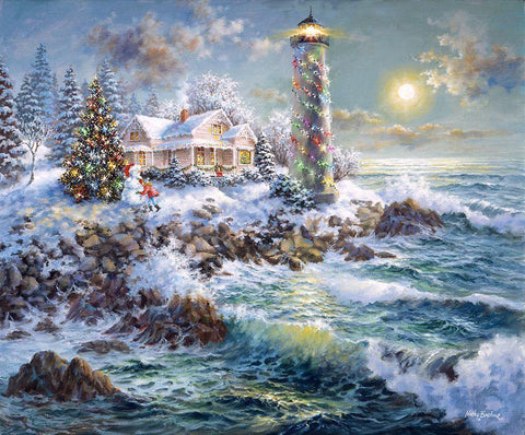 Lighthouse Merriment White Modern Wood Framed Art Print with Double Matting by Boehme, Nicky