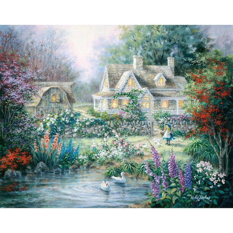 Feeding Geese White Modern Wood Framed Art Print by Boehme, Nicky