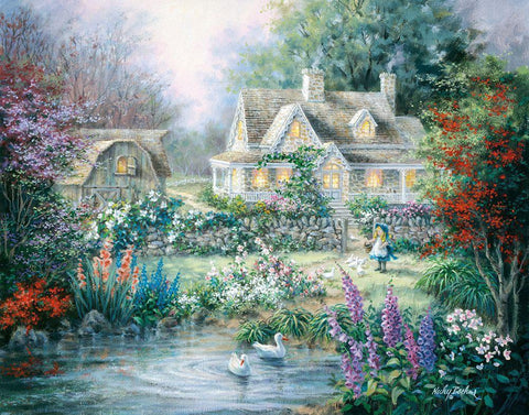 Feeding Geese White Modern Wood Framed Art Print with Double Matting by Boehme, Nicky