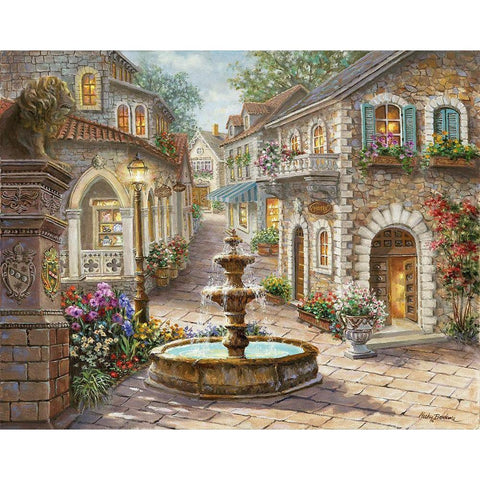 Cobblestone Fountain Gold Ornate Wood Framed Art Print with Double Matting by Boehme, Nicky